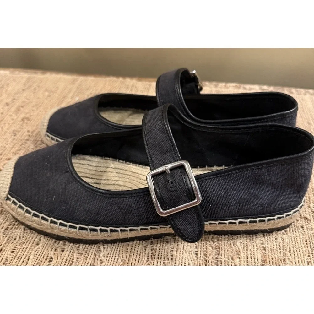 COACH‎ Courtney Mary Jane Black Espadrille Flats 8.5 In Signature Canvas